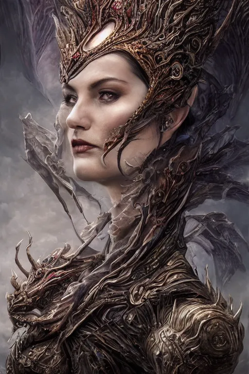 Prompt: single face portrait. very complex hyper-maximalist overdetailed cinematic darkfantasy portrait of an elegant very attractive but dangerous and wild queen dragon by andrei riabovitchev, tomasz alen kopera, oleksandra shchaslyva. Omnious intricate. Focus on face. Artstation. Deviantart. 8k 4k 64megapixel.