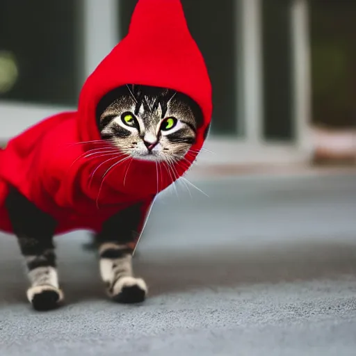 Image similar to a cat wearing a red beanie and a red hoodie