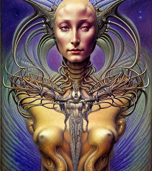 Image similar to detailed realistic beautiful young cher alien robot as queen of andromeda galaxy portrait by jean delville, gustave dore and marco mazzoni, art nouveau, symbolist, visionary, baroque, giant fractal details. horizontal symmetry by zdzisław beksinski, iris van herpen, raymond swanland and alphonse mucha. highly detailed, hyper - real, beautiful