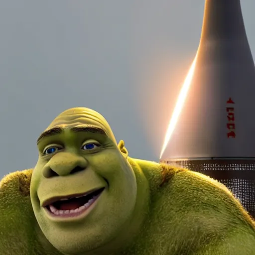 Prompt: shrek attached to a spacex rocket, cinematic lighting, detailed, sharp focus