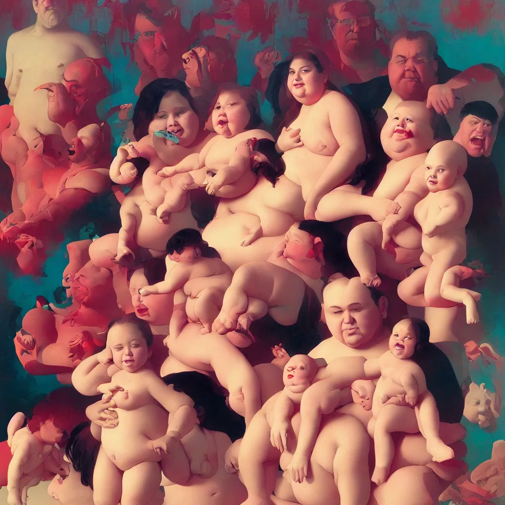 Prompt: sad and disturbing portrait of happy obese american family, vivid colors, neon, art by ( ( ( kuvshinov ilya ) ) ) and wayne barlowe and francis bacon and artgerm and wlop and william - adolphe bouguereau