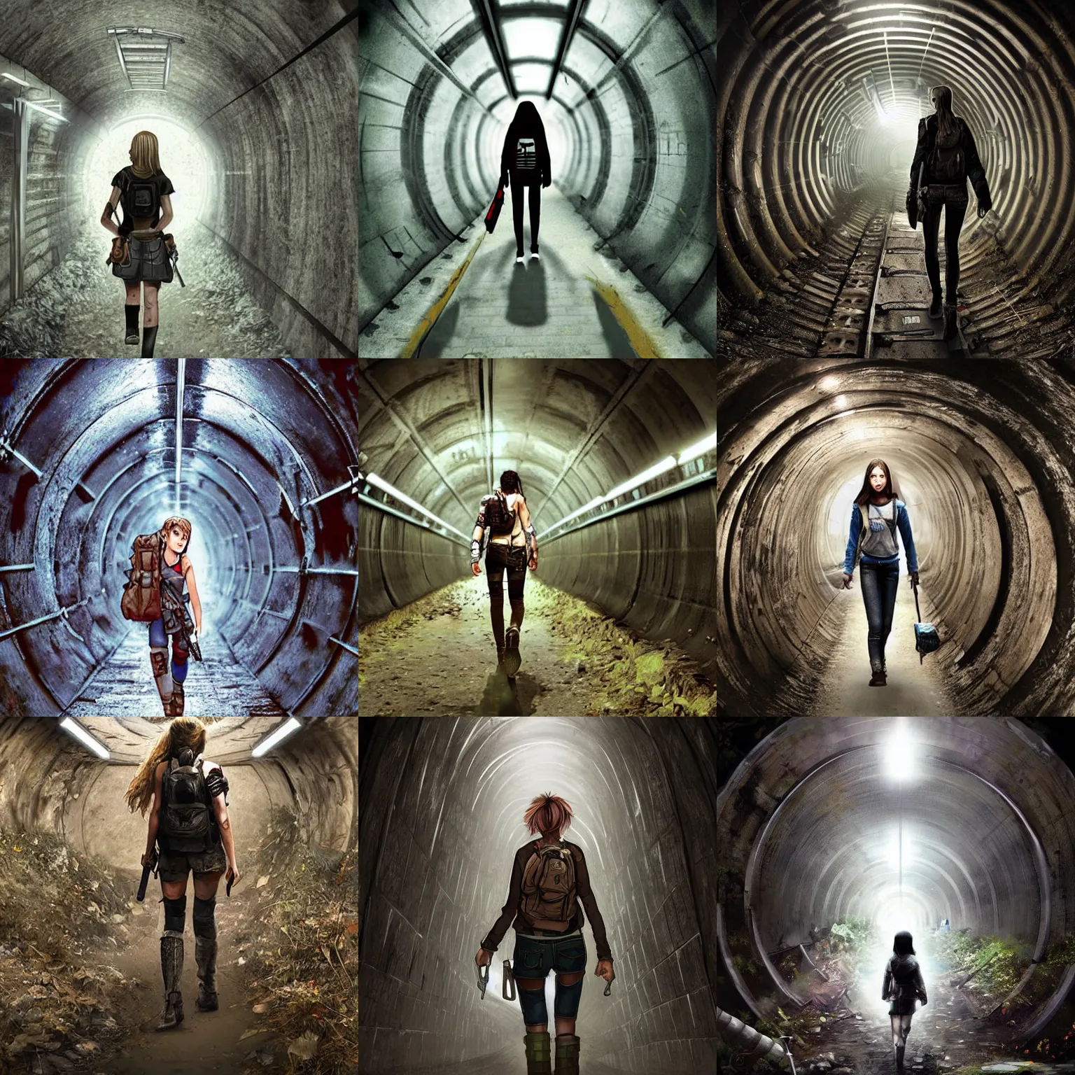 Prompt: Digital art, a teenage heroine, rugged, grizzled, strong, walks through an abandoned and overgrown post-apocalyptic London tube tunnel, trending on ArtStation