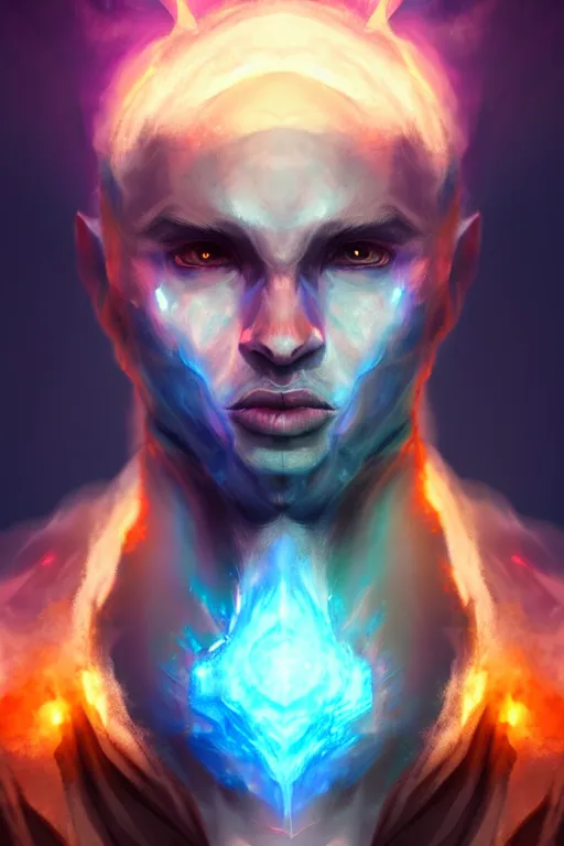 Image similar to a human elemental sorcerer, mountainous setting, colorful magic effects, male, white skin, portrait, old, sharp focus, digital art, concept art, trending on artstation, dynamic lighting, by emylie boivin