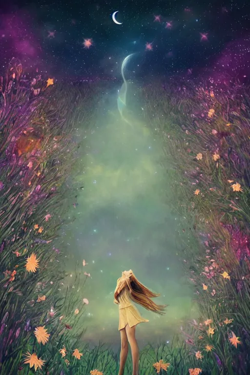 Image similar to breathtaking beautiful mystical illustration of a girl standing in a field of wild flowers gazing up at night sky, stars and milky way and moon, extreme foreshortening, bottom - up perspective, by akageno saru and thomke meyer and julia plath, trending on artstation and tumblr