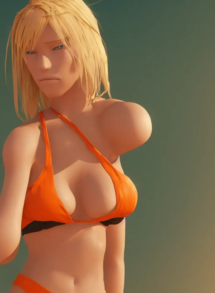 Image similar to beautiful blond woman in orange tribal bikini, blond hair pulled back off the face, green eyes, by makoto shinkai, 8 k, high resolution render, cinematic, unreal engine, clean lineart and flat color,