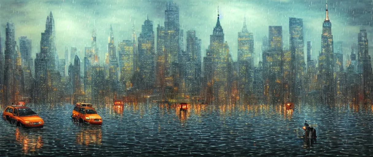 Prompt: new york city with cruising ship sailing at raining night at flooded miniature city, godrays, god helping mystic soul by yoshitaka amano, and artgerm, gediminas pranckevicius