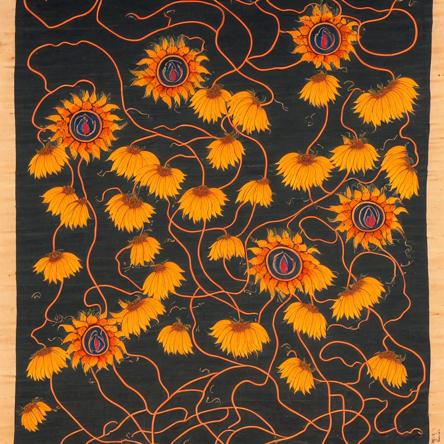 Image similar to nepalese thangka about withered sunflowers and dry nasturtiums with vines, dark tones, moody, night, moonlight