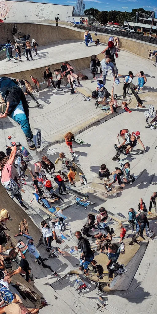 Image similar to oil painting scene skatepark with skaters and ramp by kim jung gi