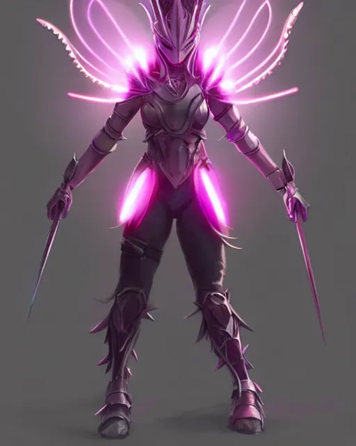 Image similar to concept art of a futuristic warrior, with large flower like spikes on her back, large pink glowing lights on her helmet, very sleek design, full body | | epic - fine - fine details by stanley artgerm lau, wlop, rossdraws, and sakimichan, trending on artstation, brush strokes
