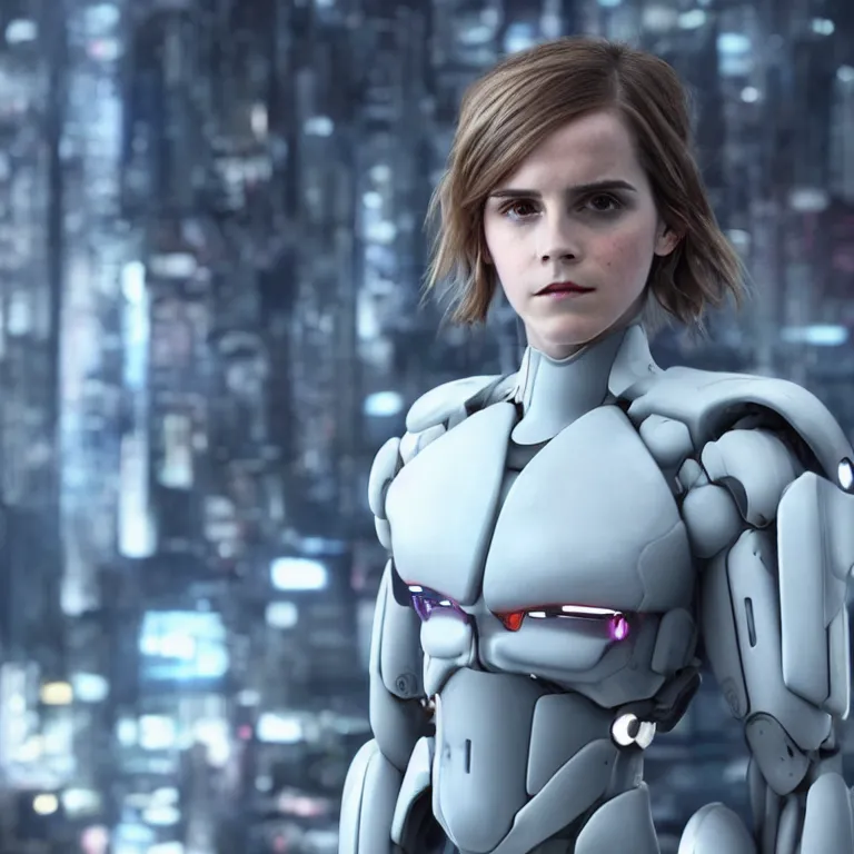 Image similar to scifi emma watson looks like ghost in the shell, extremely high detail, high detailed face, smiling woman, cyborg, photorealism, emma watson, sony a 7 r