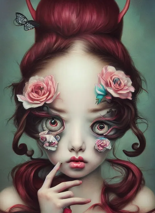 Image similar to pop surrealism, lowbrow art, realistic cute girl painting, japanese street fashion, hyper realism, muted colours, rococo, natalie shau, loreta lux, tom bagshaw, mark ryden, trevor brown style,