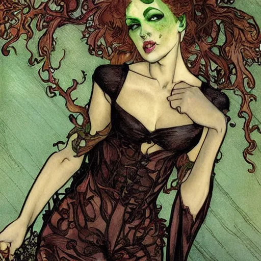 Prompt: a beautiful painting of poison ivy as a lawyer dressed in a three piece suit arguing a case in a court, dark eyeliner, intricate, elegant, highly detailed, digital painting, artstation, concept art, matte, sharp focus, illustration, art by rebecca guay and by arthur rackham and by alphonse mucha and by john william waterhouse