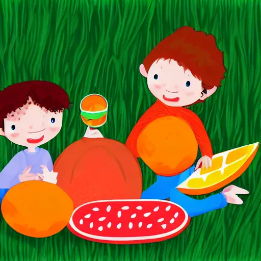 Image similar to a cartoon of a watermellon and an orange having a picnic. digital art. children's book illustration