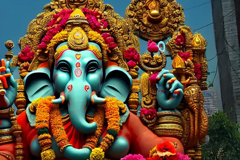 Image similar to beautiful biomorphic new delhi, cyborg ganesha!! building, kalighat flowers, octane highly detailed cinematic, stephen shore & john j. park, soft morning light, wide shot, aerial shot, uhd 8 k, shallow depth of field