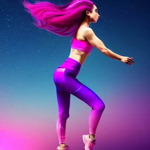 Image similar to a award winning full body shot of a beautiful woman in a croptop and leggings with a ombre purple pink teal hairstyle with head in motion and hair flying, outrun, vaporware, highly detailed, fine detail, intricate