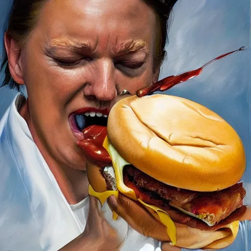 Prompt: realistic painting by jenny saville of donald trump licking a cheeseburger, art by jenny saville and tom bagshaw, detailed, sharp, smooth