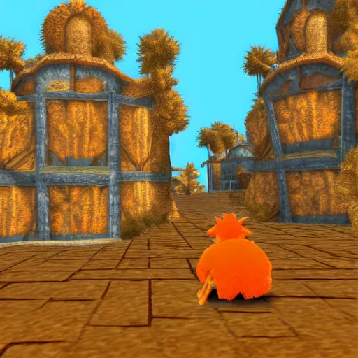 Prompt: bip bippadotta in morrowind, orange fuzzy muppet, screenshot