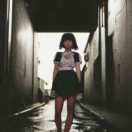 Image similar to 1990s perfect 8K HD professional cinematic photo of close-up japanese schoolgirl posing in dystopian alleyway with neon signs, at evening during rain, at instagram, Behance, Adobe Lightroom, with instagram filters, depth of field, taken with polaroid kodak portra