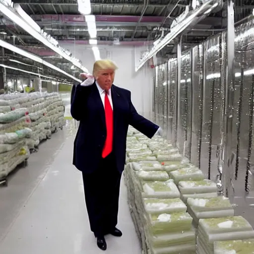 Prompt: donald trump inspecting quality of soap in a soap factory