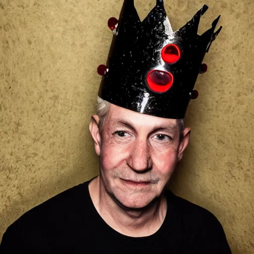 Prompt: man with a crown, smirk, photograph, black backgrounds, glowing red eyes, pixar