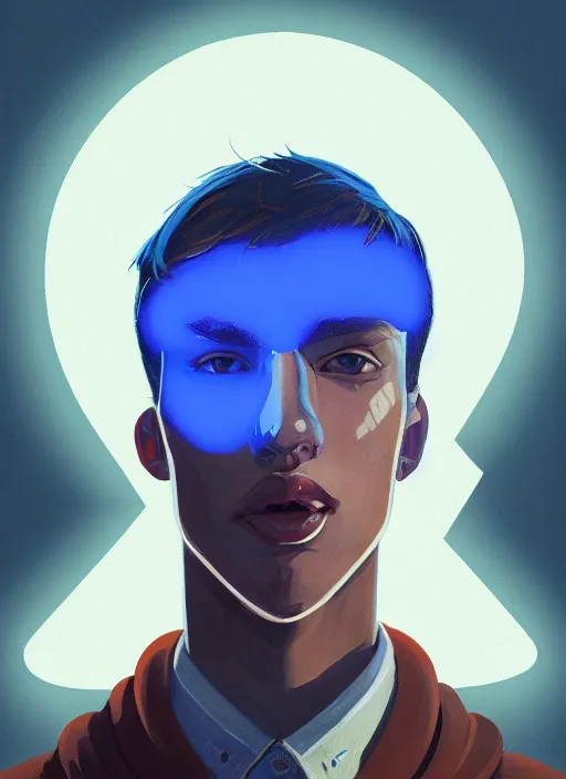 Image similar to portrait of high school senior boy named big moose, blonde short hair, jock, beefy, wide face, square jaw, square facial structure, blue varsity jacket with letter r, intricate, elegant, glowing lights, highly detailed, digital painting, artstation, concept art, sharp focus, illustration, art by wlop, mars ravelo and greg rutkowski