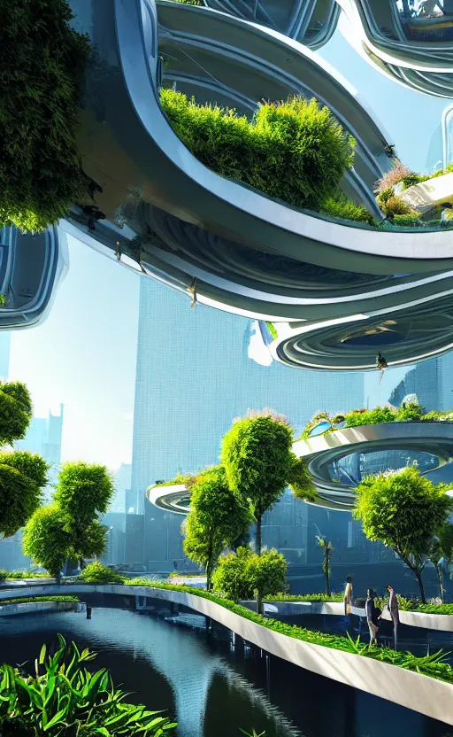 Prompt: biophilic futuristic scifi suspended city gardens architectural landscape, fluidity, colorful flowers, porcelain, beautiful morning light, canal bridge paths pedestrian cafes, interior cinematic, water, metallic, grass, trees, modular buildings, vincent callebaut composition, high detailed, ultra sharp, 8 k, unreal engine, hdr