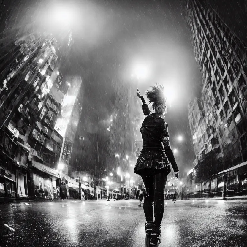 Prompt: punk girl skateboarding in the city, backlit cyberpunk buildings, wet roads at night reflecting the lights from buildings, dust, fog, cloudy night sky, dslr, 4 k, fisheye