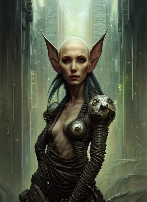 Image similar to portrait shot of a cyberpunk elf in a scenic dystopian environment, intricate, elegant, highly detailed, centered, digital painting, artstation, concept art, smooth, sharp focus, illustration, artgerm, tomasz alen kopera, peter mohrbacher, donato giancola, joseph christian leyendecker, wlop, boris vallejo