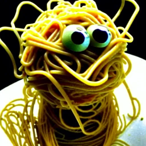 Prompt: the flying monster with a body made of spaghetti noodles and two big meatballs, with eyes at the end of the noodles that grow upward