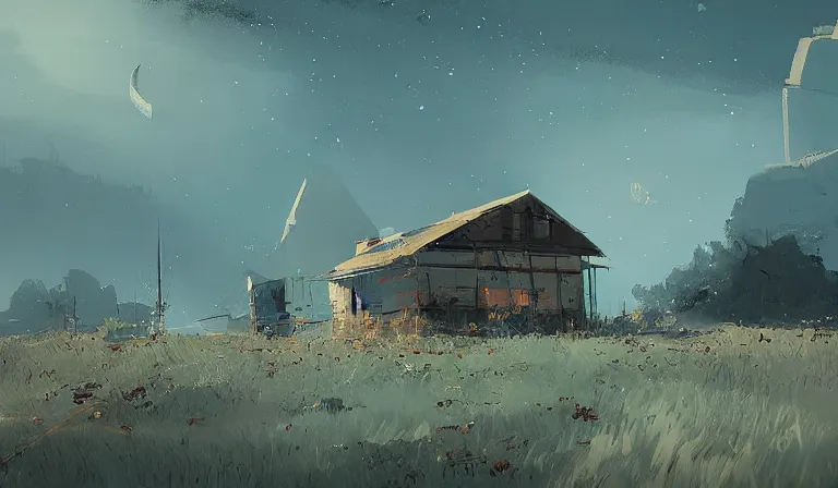 Image similar to A serene landscape with a singular building in the style of ismail inceoglu.