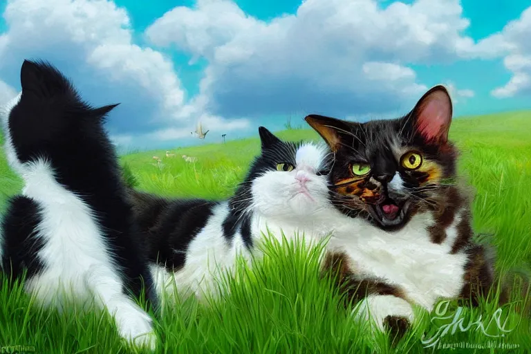 Image similar to a fat black and white male cat and a smaller tri-color tortoiseshell female cat both sleeping peacefully together in a beautiful green meadow, dreamy puffy clouds, painted by Tyler Edlin