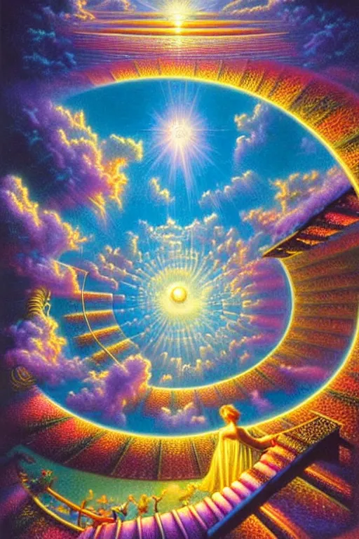 Prompt: a photorealistic detailed cinematic image of a beautiful vibrant iridescent future for human evolution, spiritual science, divinity, utopian, triumph, beautiful being, enlightenment, cumulus clouds, ornate spiral staircase, isometric, by david a. hardy, kinkade, lisa frank, wpa, public works mural, socialist