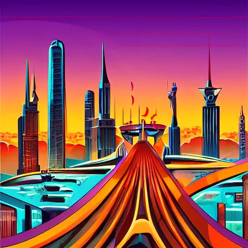 Prompt: futuristic art deco city, realistic style, bold colors, at golden hour