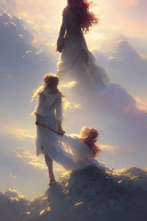 Prompt: a beautiful picture of two people, sky, by greg rutkowski and thomas kinkade, trending on artstation