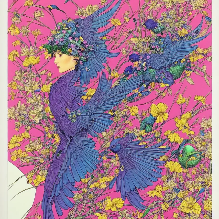 Image similar to ( ( ( ( beautiful flowers and birds, surrounded by decorative frame design ) ) ) ) by mœbius!!!!!!!!!!!!!!!!!!!!!!!!!!!, overdetailed art, colorful, artistic record jacket design