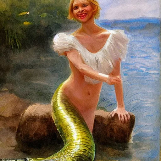 Image similar to a painting of Rachel Riley as a mermaid in the style of anders zorn