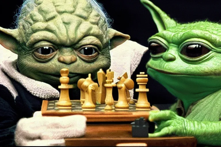 Prompt: pepe the frog playing chess with yoda in a scene from'the empire strikes back ', hyper realistic, cinematic