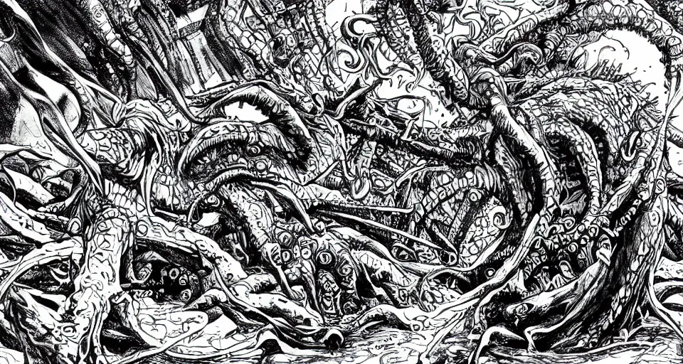 Image similar to cthulhu attacking a detailed cityscape, horror, lovecraftian, in the style of junji ito, lineart, manga, shirow masamune