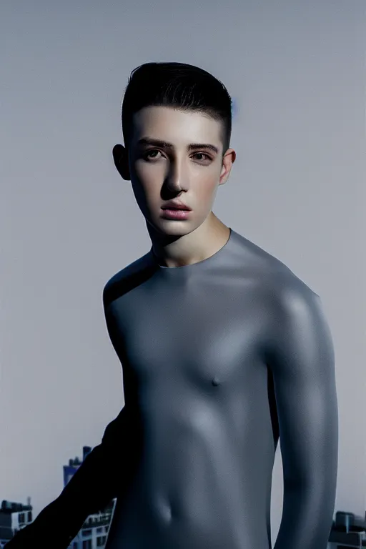 Image similar to un ultra high definition studio quality photographic art portrait of a young man standing on the rooftop of a british apartment building wearing soft padded silver pearlescent clothing. three point light. extremely detailed. golden ratio, ray tracing, volumetric light, shallow depth of field. set dressed.