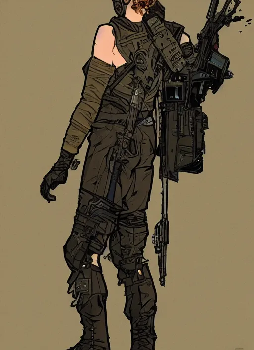 Prompt: the russian. cyberpunk assassin in military vest and jumpsuit. portrait by ashley wood and alphonse mucha and laurie greasley and josan gonzalez. illustration, pop art, cinematic. realistic proportions. moody industrial setting. artstationhq