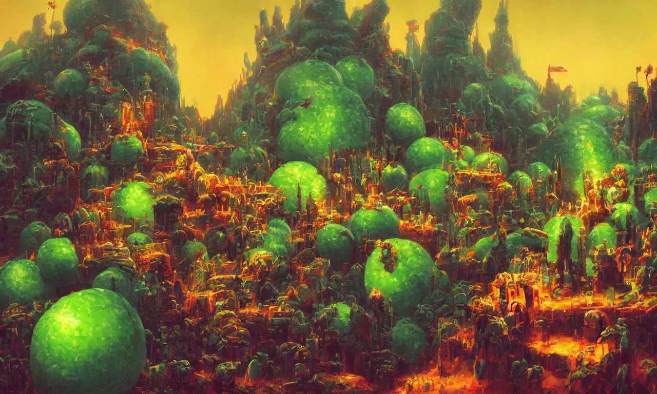 Prompt: The Melon Kingdom in the style of Paul Lehr