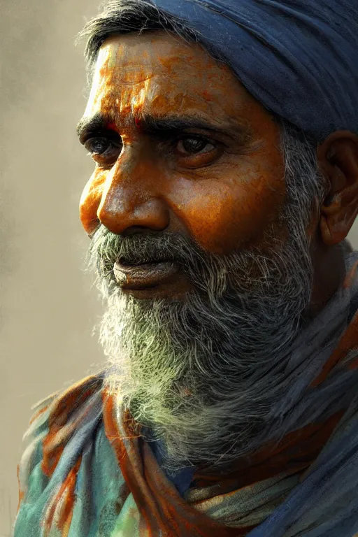 Prompt: hindu citizen, close - up portrait, poor, intricate, elegant, volumetric lighting, scenery, digital painting, highly detailed, artstation, sharp focus, illustration, concept art, ruan jia, steve mccurry