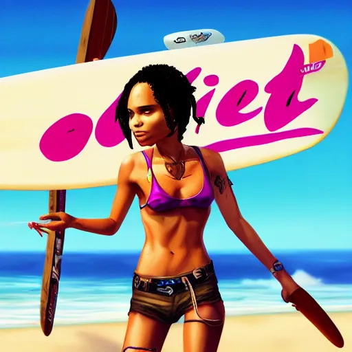 Prompt: zoe kravitz as a california surfer girl, gta 5 cover art, hd digital art, trending on artstation