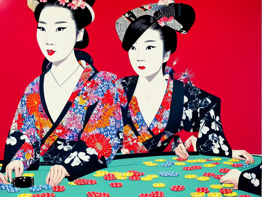 Image similar to hyperrealistic composition of the detailed woman in a japanese kimono sitting at a extremely detailed poker table with detailed darth vader, fireworks, mount fuji on the background, pop - art style, jacky tsai style, andy warhol style, acrylic on canvas