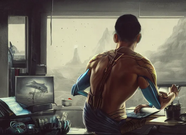 Image similar to an insanely detailed painting of an asian man wearing a homemade superhero costume, sitting at a desk, staring seriously at the computer and typing, in the style of peter mohrbacher, james jean, artgerm, dramatic lighting and composition, surreal background, octane render, pixar, trending on artstation, concept art, comic book, view from behind, 8 k