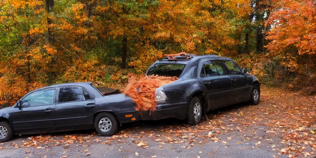 Image similar to A photo of a giant tarantula waits behind a car in autumn pennsylvania