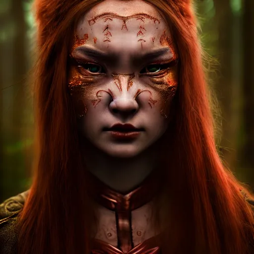 Prompt: highly detailed, ultra realistic, cinematic portrait, woman, high detail, 8 k, sharp focus, movie still, dramatic lighting, ray tracing, smooth, a female evil demonic character of kazakh mythology, jeztyrnauk, beautiful young girl with a copper nose and copper claws, standing in the night forrest, full body