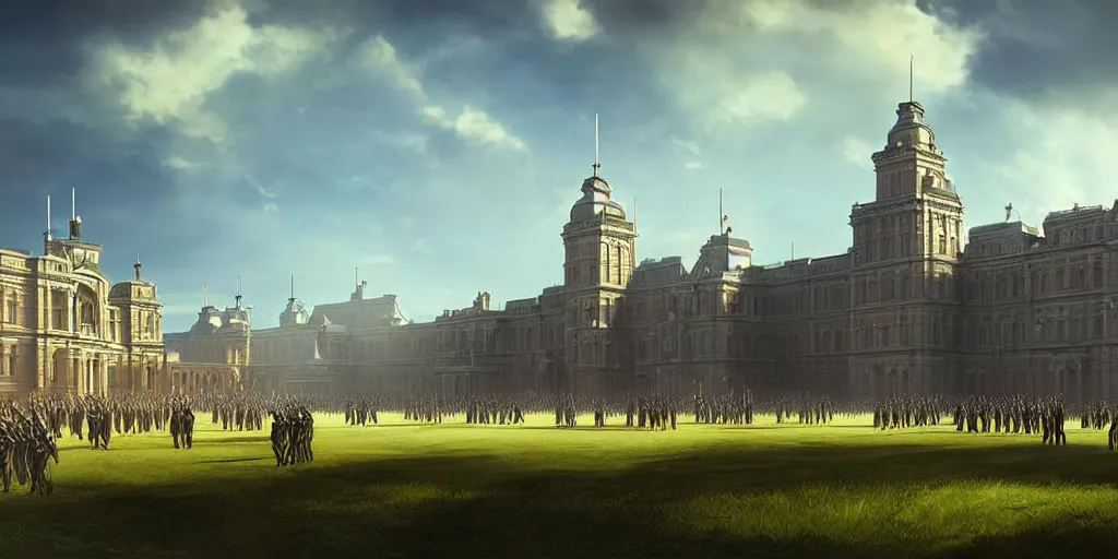 Prompt: a victorian army parade ground, grand building, blue sky, sunny, detailed, volumetric, cinematic lighting, realistic, digital art by greg rukowski