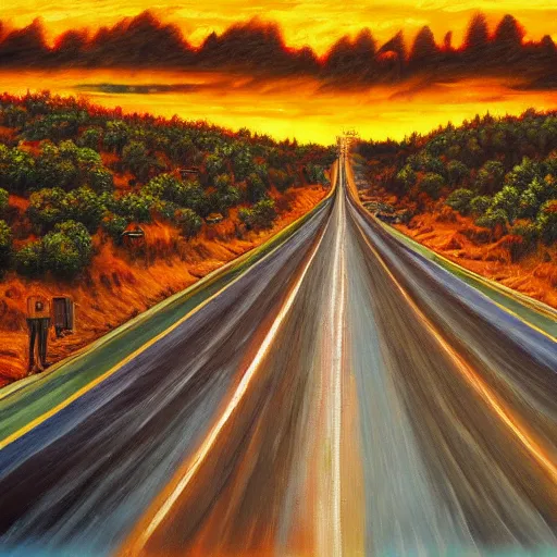 Image similar to a highway to hell, oil painting, highly detailed.