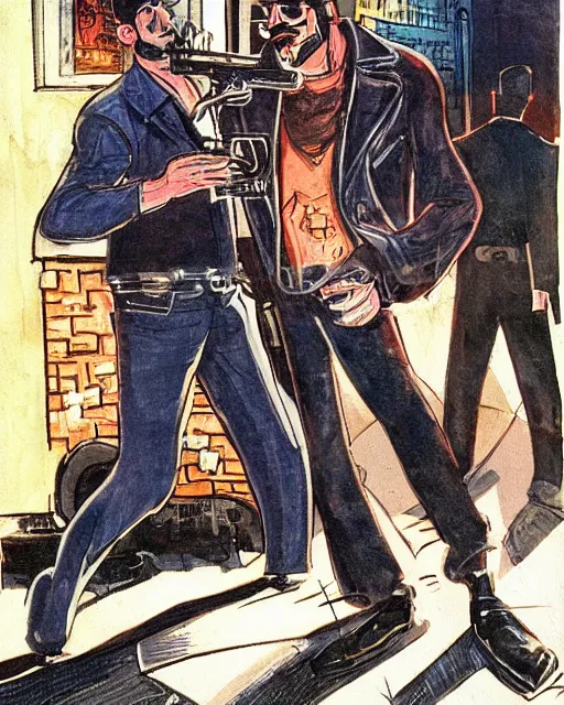 Image similar to detective with gun in leather jacket, los angeles city street, artwork by ralph bakshi